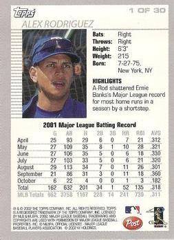 2002 Topps Post Cereal #1 Alex Rodriguez Back
