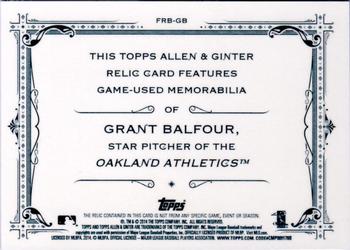 2014 Topps Allen & Ginter - Relics #FRB-GB Grant Balfour Back