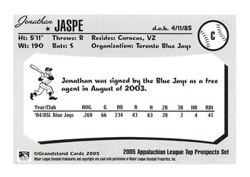 2005 Grandstand Appalachian League Top Prospects #NNO Jonathan Jaspe Back