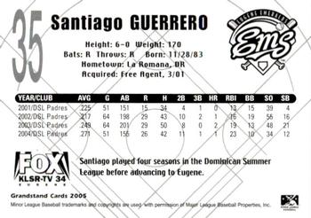 2005 Grandstand Eugene Emeralds #NNO Santiago Guerrero Back