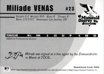 2005 Grandstand Missoula Osprey #6 Miliade Venas Back