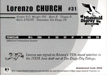 2005 Grandstand Missoula Osprey #13 Lorenzo Church Back