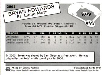 2004 Grandstand St. Lucie Mets #NNO Bryan Edwards Back