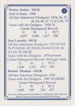 1989 Los Angeles Dodgers Greats Smokey #1 Walter Alston Back