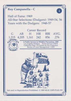 1989 Los Angeles Dodgers Greats Smokey #4 Roy Campanella Back