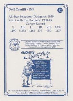 1989 Los Angeles Dodgers Greats Smokey #42 Dolph Camilli Back