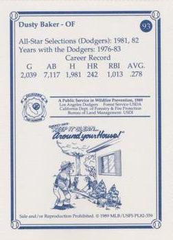 1989 Los Angeles Dodgers Greats Smokey #93 Dusty Baker Back