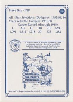 1989 Los Angeles Dodgers Greats Smokey #99 Steve Sax Back