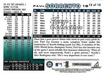 1998 Score Seattle Mariners #13 Paul Sorrento Back