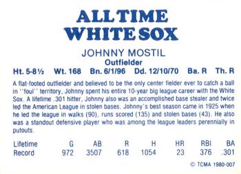 1980 TCMA All Time Chicago White Sox #007 Johnny Mostil Back