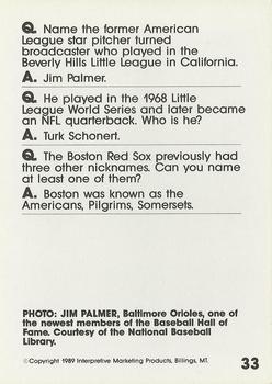 1990 Interpretive Marketing Baseball Wit #33 Jim Palmer Back