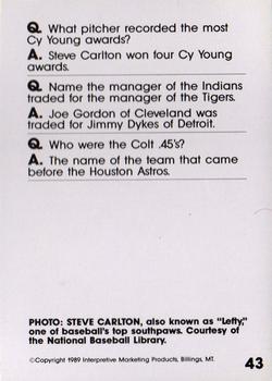 1990 Interpretive Marketing Baseball Wit #43 Steve Carlton Back