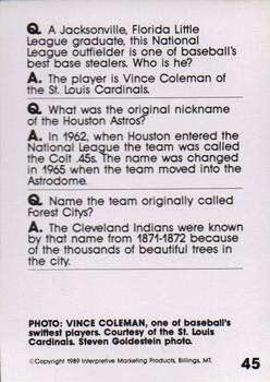 1990 Interpretive Marketing Baseball Wit #45 Vince Coleman Back