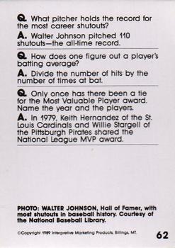 1990 Interpretive Marketing Baseball Wit #62 Walter Johnson Back