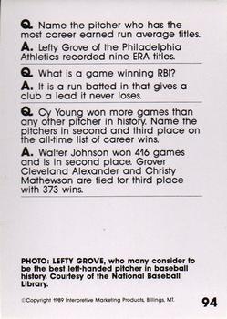 1990 Interpretive Marketing Baseball Wit #94 Lefty Grove Back