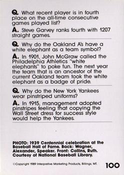 1990 Interpretive Marketing Baseball Wit #100 1939 Centennial Celebration Back