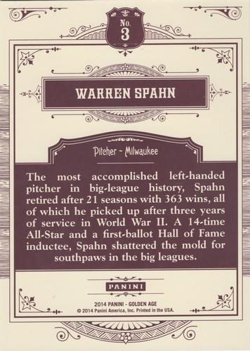 2014 Panini Golden Age - 5x7 Box Toppers #3 Warren Spahn Back