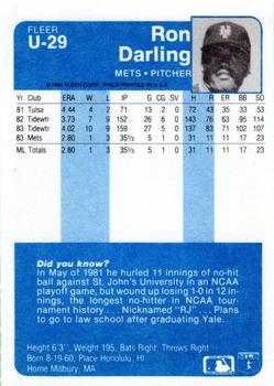 1984 Fleer Update #U-29 Ron Darling Back