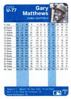 1984 Fleer Update #U-77 Gary Matthews Back