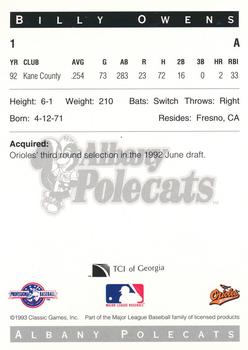 1993 Classic Best Albany Polecats #1 Billy Owens Back