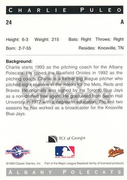 1993 Classic Best Albany Polecats #24 Charlie Puleo Back