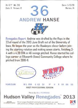 2013 Grandstand Hudson Valley Renegades #12 Andrew Hanse Back
