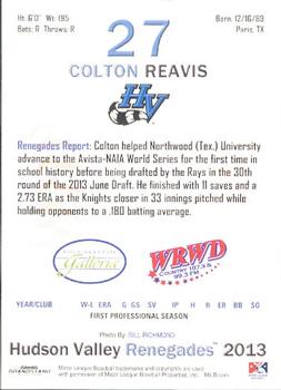 2013 Grandstand Hudson Valley Renegades #27 Colton Reavis Back