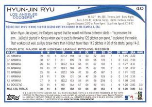2014 Topps Mini #40 Hyun-Jin Ryu Back