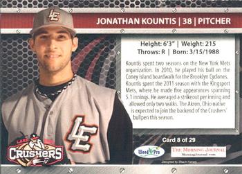2012 Weed Pro Morning Journal Lake Erie Crushers #8 Jonathan Kountis Back