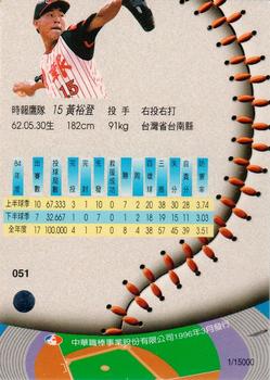 1995 CPBL A-Plus Series - Silver Stitch #051 Yu-Teng Huang Back