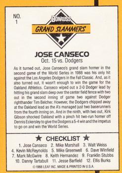 1989 Donruss - Grand Slammers #1 Jose Canseco Back