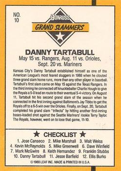 1989 Donruss - Grand Slammers #10 Danny Tartabull Back