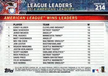2015 Topps #214 American League Wins Leaders (Corey Kluber / Max Scherzer / Jered Weaver) Back