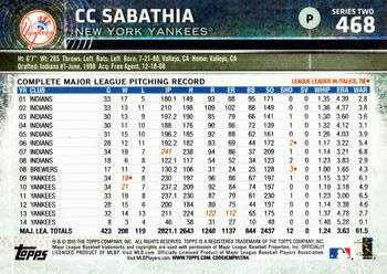 2015 Topps #468 CC Sabathia Back