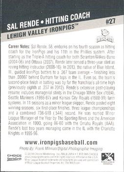 2014 Choice Lehigh Valley IronPigs #27 Sal Rende Back