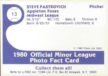 1980 TCMA Appleton Foxes #13 Steve Pastrovich Back