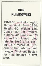 1971 Dell Today's Team Stamps #NNO Ron Klimkowski Back
