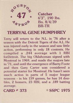 1976 SSPC #373 Terry Humphrey Back