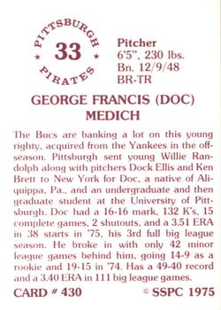 1976 SSPC #430 George Medich Back