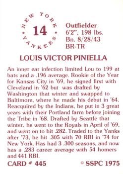 1976 SSPC #445 Lou Piniella Back