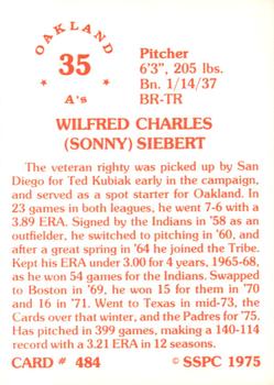 1976 SSPC #484 Sonny Siebert Back