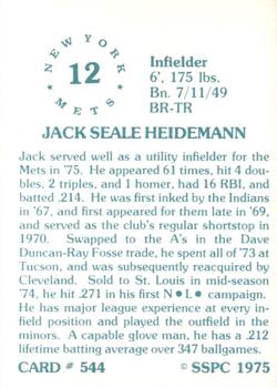 1976 SSPC #544 Jack Heidemann Back