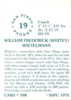 1976 SSPC #598 Whitey Wietelmann Back