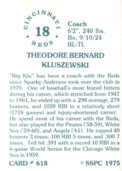1976 SSPC #618 Ted Kluszewski Back