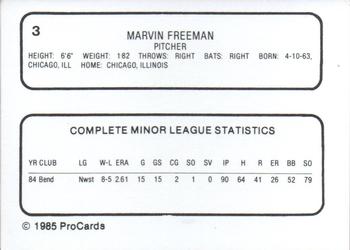 1985 ProCards Reading Phillies #3 Marvin Freeman Back