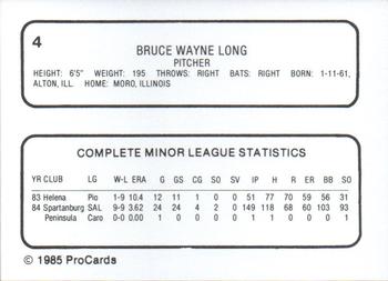 1985 ProCards Reading Phillies #4 Bruce Long Back