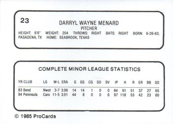 1985 ProCards Reading Phillies #23 Darryl Menard Back