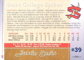 2012 Grandstand State College Spikes #NNO Justin Ennis Back