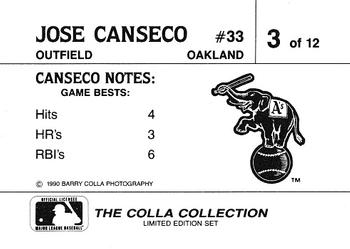 1990 The Colla Collection Limited Edition Jose Canseco #3 Jose Canseco Back