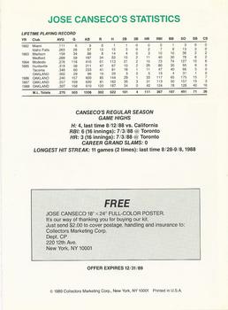 1989 CMC Jose Canseco #NNO Jose Canseco Ad Back Back